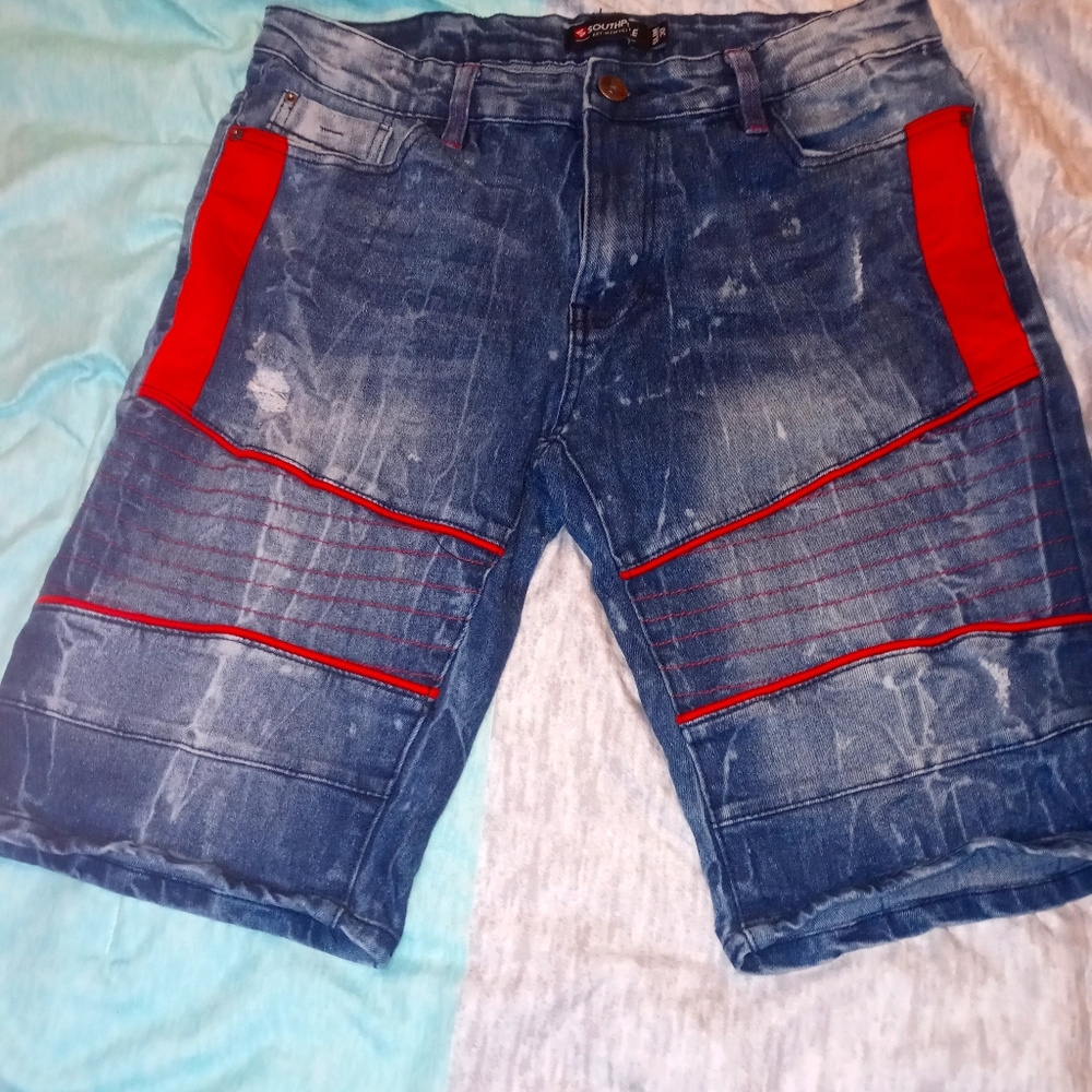 Southpole Lightly Destressed Red/Blue Jean Shorts